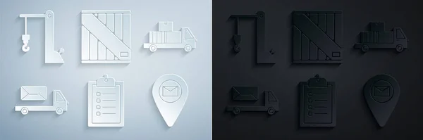 Set Verification of delivery list clipboard, Delivery truck with cardboard boxes, Post, Placeholder map paper, Wooden and Harbor port crane icon. Vector —  Vetores de Stock