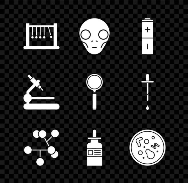 Set Pendulum, Extraterrestrial alien face, Battery, Molecule, Glass bottle with pipette, Bacteria, Microscope and Magnifying glass icon. Vector — стоковый вектор