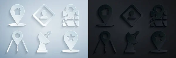 Set Radar, Folded map with location marker, Road traffic sign, Map pointer star, and house icon. Vector — стоковый вектор