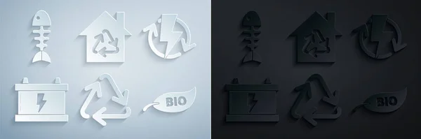Set Recycle symbol, Recharging, Car battery, Leaf Bio, Eco House with recycling and Fish skeleton icon. Vector — Vettoriale Stock