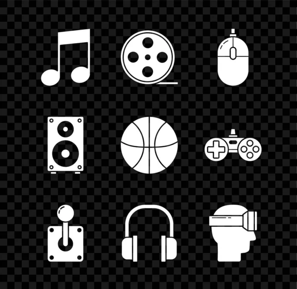 Set Nota musical, tono, carrete de película, ratón de ordenador, joystick para máquina arcade, auriculares, gafas de realidad virtual, altavoz estéreo e icono de pelota de baloncesto. Vector — Vector de stock