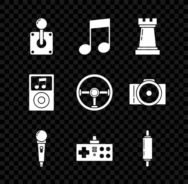 Set Joystick for arcade machine, Music note, tone, Chess symbol, Microphone, Gamepad, Rolling pin, player and Steering wheel icon. Vector — Stock Vector