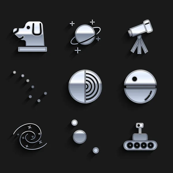 Set Earth structure, Solar system, Mars rover, Death star, Black hole, Great Bear constellation, Telescope and Dog in astronaut helmet icon. Vector — Image vectorielle