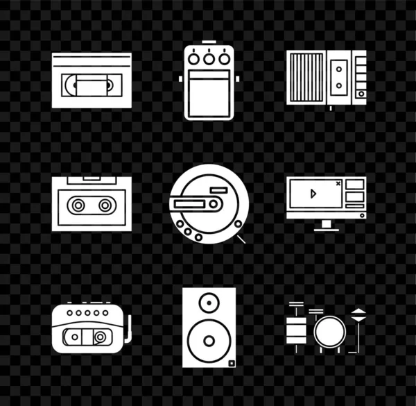 Set VHS video cassette tape, Guitar pedal, Music player, Stereo speaker, Drums, Retro audio and CD icon. Vector — Stock vektor