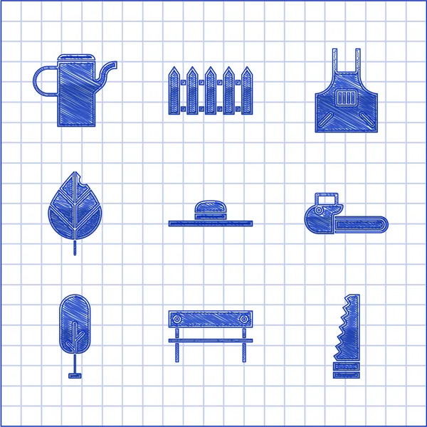 Set Worker hat, Bench, Garden saw, Chainsaw, Tree, Leaf, Kitchen apron and Watering can icon. Vector — Vettoriale Stock