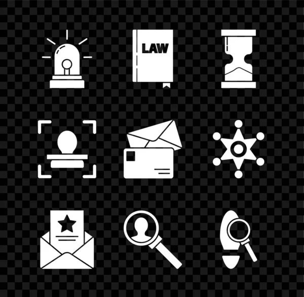 Set Flasher siren, Law book, Old hourglass, The arrest warrant, Magnifying for search, with footsteps, Face recognition and Envelope icon. Vector — Vettoriale Stock