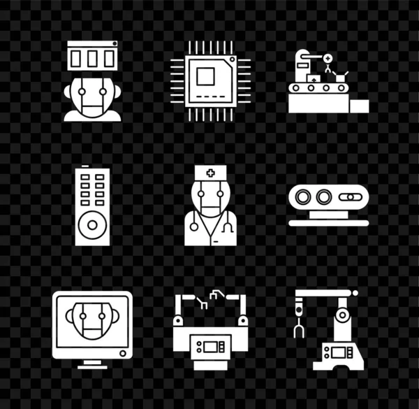 Imposta robot, processore con microcircuiti CPU, nastro trasportatore di fabbrica, bot, linea di assemblaggio, telecomando e icona del medico. Vettore — Vettoriale Stock