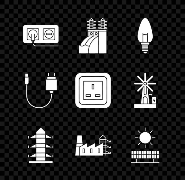 Set Electrical outlet, Nuclear power plant, Light bulb, High voltage pole line, Power station and factory, Solar energy panel sun, Charger and icon. Vector — Stok Vektör
