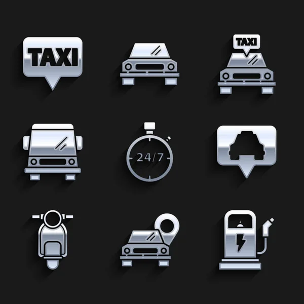 Set Stopwatch 24 hours, Map pointer with taxi, Electric car charging station, Scooter, Car, Taxi and icon. Vector — Vetor de Stock