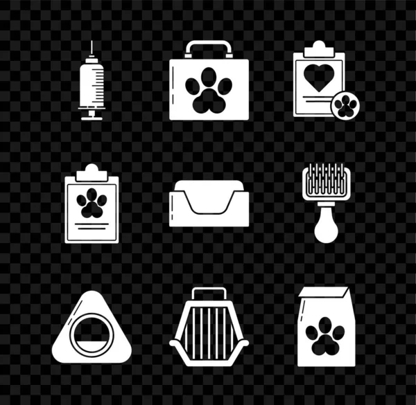 Set Syringe with pet vaccine, Pet first aid kit, Clipboard medical clinical record, bed, carry case, Bag of food for, and icon. Vector — Image vectorielle