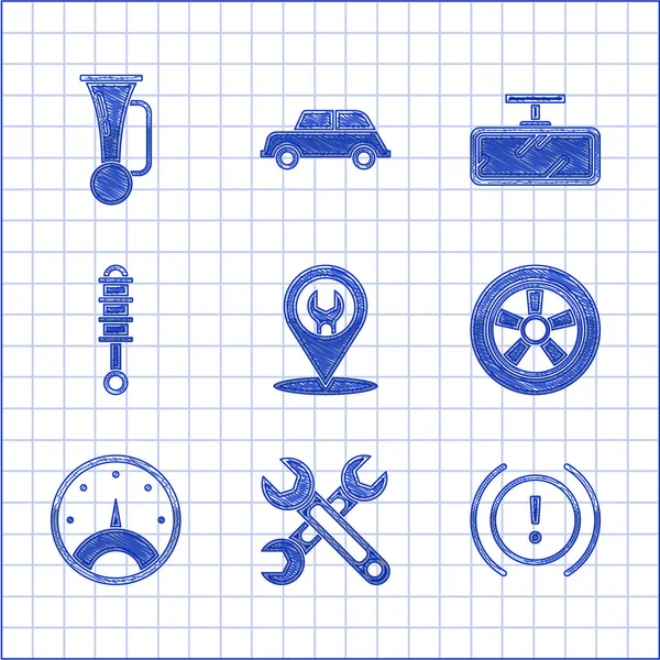 Set Servicio de coche, llave inglesa, aviso del sistema de frenos, rueda, velocímetro, amortiguador, espejo y cuerno de señal en el icono del vehículo. Vector — Vector de stock