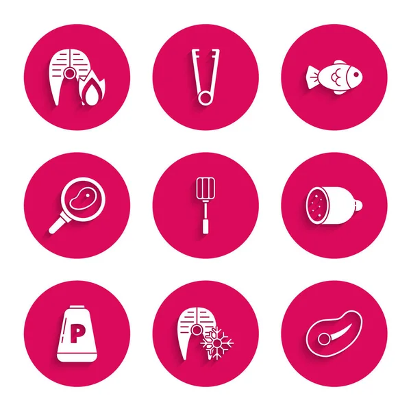 Set Spatula, Fresh frozen fish steak, Steak meat, Salami sausage, Pepper, in frying pan, Fish and Grilled and fire flame icon. Vector — стоковий вектор