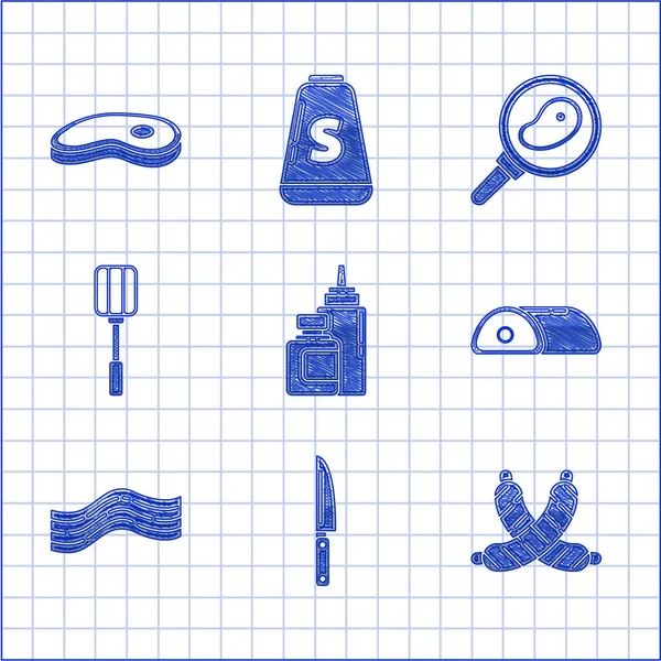 Set Sauce bottle, Knife, Crossed sausage, Meat, Bacon stripe, Spatula, Steak meat in frying pan and icon. Vector — стоковый вектор