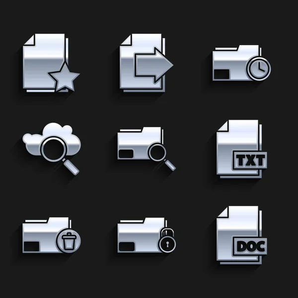 Establecer concepto de búsqueda con carpeta, carpeta y bloqueo, documento de archivo DOC, TXT, Eliminar, computación en la nube, reloj de documento y el icono de la estrella. Vector — Vector de stock