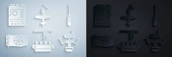 Set Factory conveyor system belt, Screwdriver, Video graphic card, Robot, UAV Drone and Motherboard icon. Vector — стоковый вектор