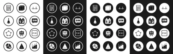 Ställ in diagram, schema, diagram, kalender, ringklocka, räknemaskin, matematisk funktion sinus, geometrisk figur kub, funktion matematisk symbol och Pentagonal prisma ikon. Vektor — Stock vektor