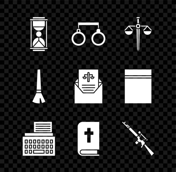 Set Old hourglass with sand, Handcuffs, Scales of justice, Retro typewriter, Holy bible book, Sniper rifle scope, Paint brush and Subpoena icon. Vector — Archivo Imágenes Vectoriales