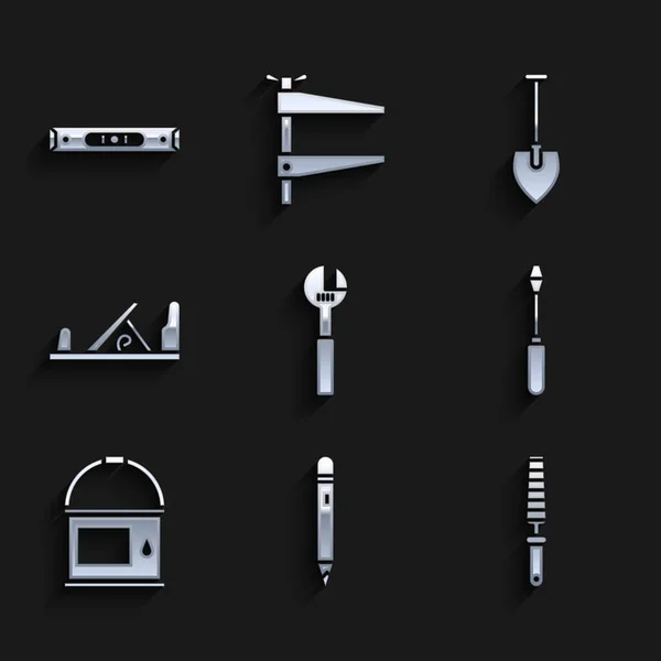 Set Verstelbare moersleutel, Potlood met gum, Beitelgereedschap voor hout, Schroevendraaier, Verfemmer, Hout vliegtuig, Schep en Constructie zeepbel niveau icoon. Vector — Stockvector