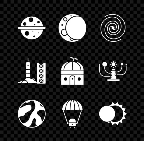 Set Planet Saturn, Moon, Black hole, Space capsule and parachute, Eclipse of the sun, Rocket launch from spaceport and Astronomical observatory icon. Vector — Image vectorielle