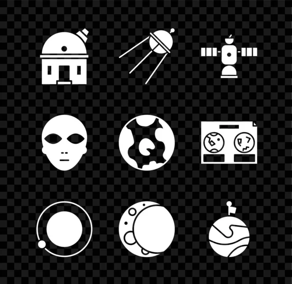 Set Astronomical observatory, Satellite, Satellites orbiting the planet Earth, Moon, with flag, Alien and globe icon. Vector — стоковий вектор
