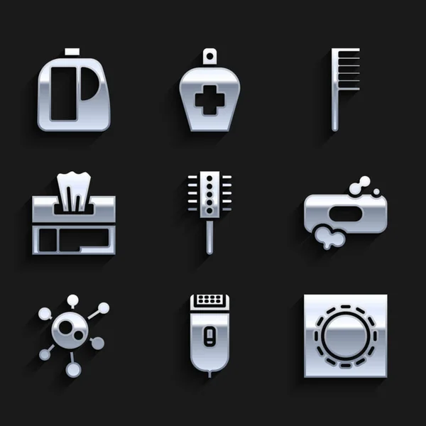 Set Hairbrush, Electrical hair clipper or shaver, Condom in package safe sex, Bar of soap, Virus, Wet wipe, and Bottles for cleaning agent icon. Vector — Διανυσματικό Αρχείο