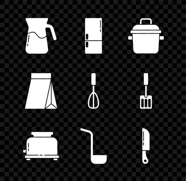 Set Jug glass with water, Refrigerator, Cooking pot, Toaster, Kitchen ladle, Knife, Bag of coffee beans and whisk icon. Vector — ストックベクタ