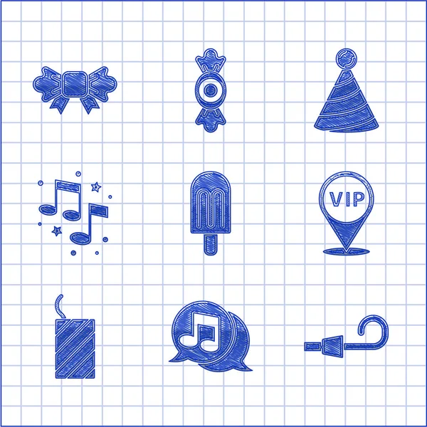 Set Ice cream, Musical note in speech bubble, Birthday party horn, Location Vip, Firework rocket, note, tone, Party hat and Bow tie icon. Vector — Image vectorielle