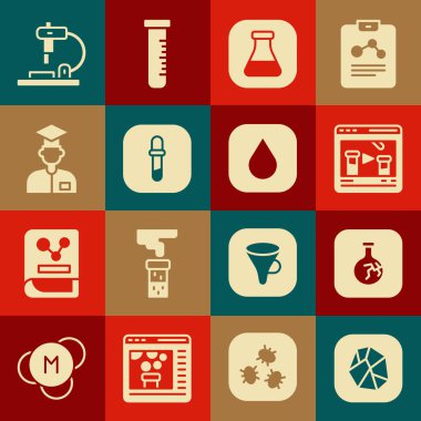 Set Salt stone, Cracked flask, Chemical online, Test tube and, Pipette, Laboratory assistant, Microscope and Water drop icon. Vector
