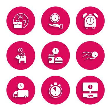 Fast food zamanı, Stopwatch, Smart Tv, saat işliyor, teslimat, para dolu kumbara, alarm ve her zaman meşgul ikon. Vektör