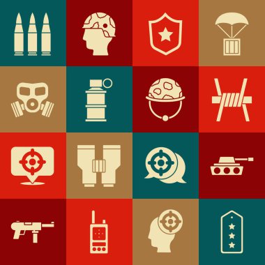 Set Military rank, tank, Barbed wire, reward medal, Hand smoke grenade, Gas mask, Bullet and helmet icon. Vector