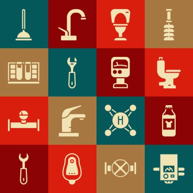 Set Gas boiler, Bottle for cleaning agent, Toilet bowl, Wrench spanner, Test tube with water drop, Rubber plunger and Pressure meter icon. Vector