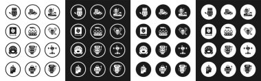 Set Robot humanoid driving a car, Industrial production of robots, User manual, Mechanical hand, Autonomous smart, Disassembled and vacuum cleaner icon. Vector