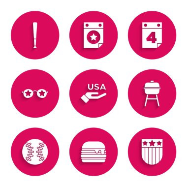 ABD Bağımsızlık Günü, Burger, Yıldızlı Kalkan, Barbekü Izgarası, Beyzbol Topu, Gözlük, Takvim Tarihi 4 Temmuz ve yarasa ikonu. Vektör