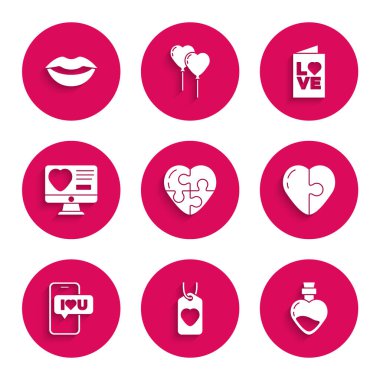 Set Heart, tag, Bottle with love potion, Mobile heart, Dating app online, Valentines day party flyer and Smiling lips icon. Vector