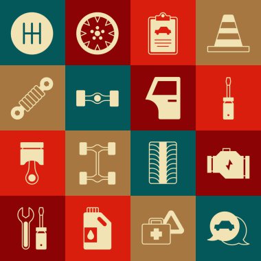 Set Car service, Check engine, Screwdriver, inspection, Chassis car, Shock absorber, Gear shifter and door icon. Vector