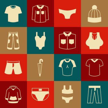 Set pantolonu, tişört, atlet, erkek iç çamaşırı, mayo ve tişört ikonu. Vektör