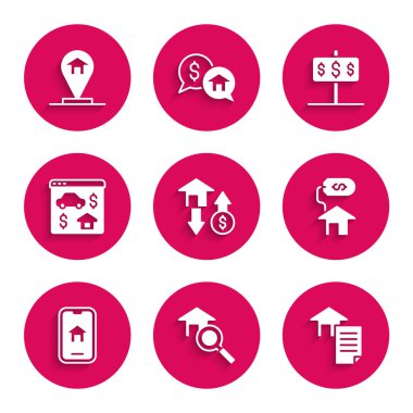 Set House with dollar, Search house, contract, Online real estate, and Location icon. Vector