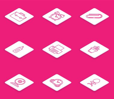 Satır çizgisi, alarm saati, ataç, keçeli kalem, yazıcı, saksı, web kamerası ve zaman yönetimi simgesi. Vektör