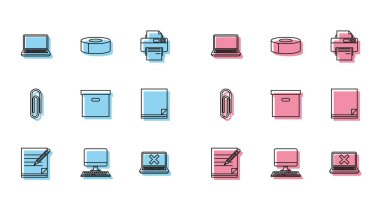 Set line Blank notebook and pencil with eraser, Computer monitor keyboard, Laptop, cross mark screen, Carton cardboard box, File document, Paper clip and Scotch icon. Vector