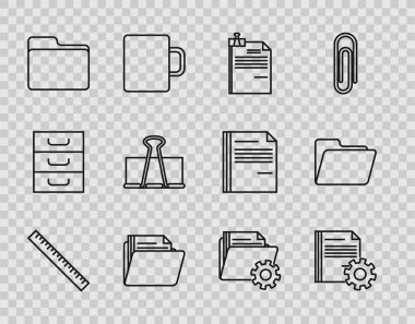 Cetvel, Belge ayarlarını dişliler, Dosya belgesi ve klasör klipsi, klasör, klasör, klasör, Dizin ve simge ile ayarla. Vektör