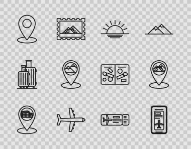 Set line Map pointer with Coliseum in Rome, Italy, Smartphone electronic boarding pass airline ticket, Sunset, Plane, pin, mountain, Airline and Egypt pyramids icon. Vector