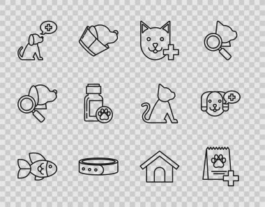 Balık Hattı, köpek için yiyecek çantası, veteriner kliniği sembolü yaka kartı, köpek ilacı şişesi, ev ve ikon. Vektör