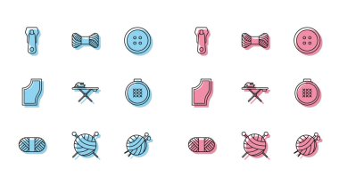 Makara üzerinde çizgi dikiş ipliği örgü iğneleri, fermuar, elektrikli demir ve ütü masası, yuvarlak işlemeli nakış halkası, desen ve ikon ile iplik topu. Vektör