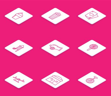 Dondurmayı waffle külahında, patlamış mısır karton kutusunda, oyun, havai fişek roketi, top, lolipop, tahterevalli ve sirk çadırı ikonunda ayarla. Vektör