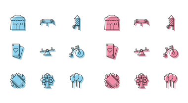 Set line Ticket, Ferris wheel, Circus tent, Balloons with ribbon, Seesaw, Vintage bicycle one big and one small, Playing card and Jumping trampoline icon. Vector