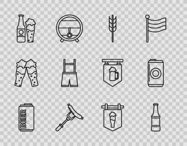 Çizgi bira kutusu, şişe, pirinç, buğday, mısır, yulaf, çavdar, arpa, çatal üzerinde sosis ve cam, Lederhosen, bira ve ikon tabelaları. Vektör