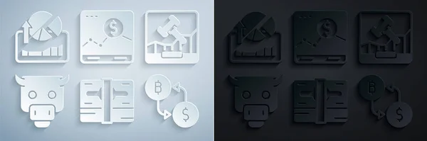 Set Stacks paper money cash, Online internet auction, Bull market, Cryptocurrency exchange, Website with growth graph and Stocks graphs icon. Vector — Wektor stockowy