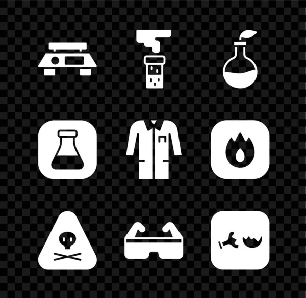 Set Electronic scales, Test tube and flask, Plant breeding, Triangle warning toxic, Safety goggle glasses, Broken, and Laboratory uniform icon. Vector — 스톡 벡터