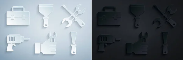 Conjunto chave chave chave, chave de fenda e chave, máquina de broca elétrica, faca Putty, e ícone da caixa de ferramentas. Vetor — Vetor de Stock