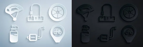 Set Bicycle pedal, wheel, Sport bottle with water, Location bicycle, lock and helmet icon. Vector — Vetor de Stock